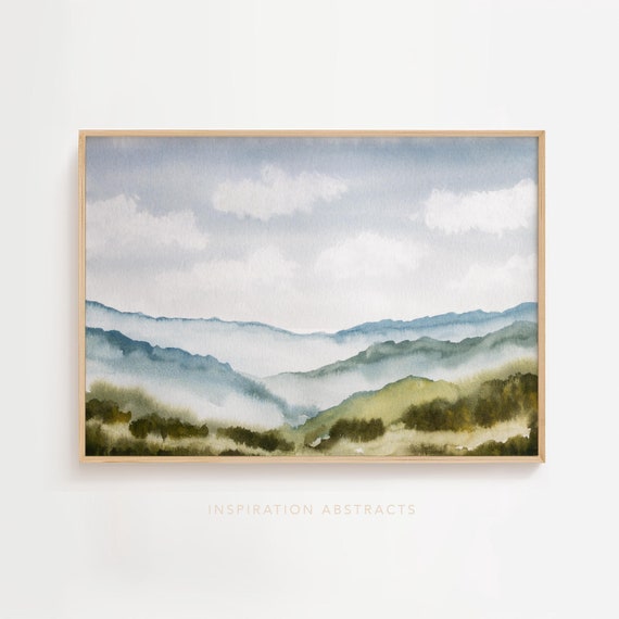Blue Mountains Landscape, Calm Watercolour Painting, Blue Green Printable Wall Art, Lake House Decor, Large Downloadable Art Print