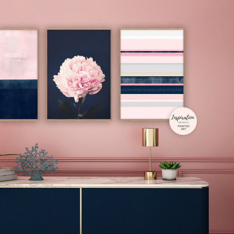Pink and Navy Gallery Wall Set Set of 3 Prints Abstract Art Etsy