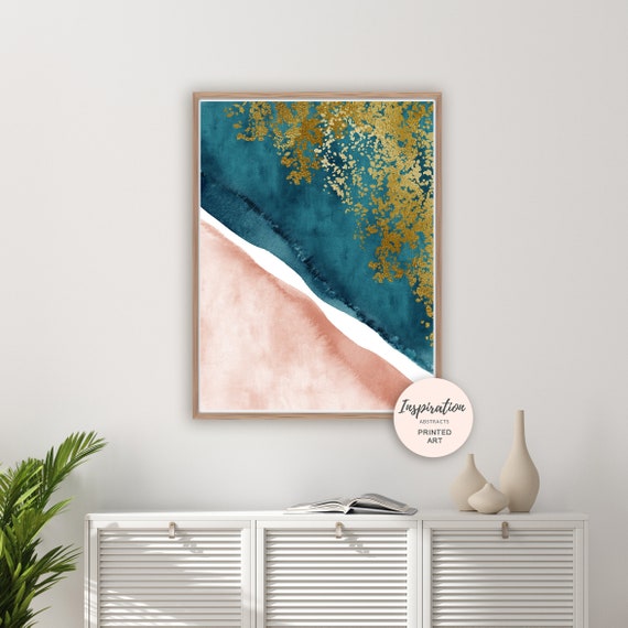 Blush and Teal Wall Art, Watercolour Print, Aerial Beach Print, Coastal Decor, Minimalist Art, Modern Art, Beach House Decor, Teal Gold Art