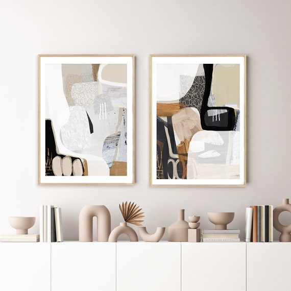 Modern Abstract Paintings, Set Of two Prints, Collage Art, Neutral Beige and Black Wall Art, Abstract Art, Extra Large Printable Art
