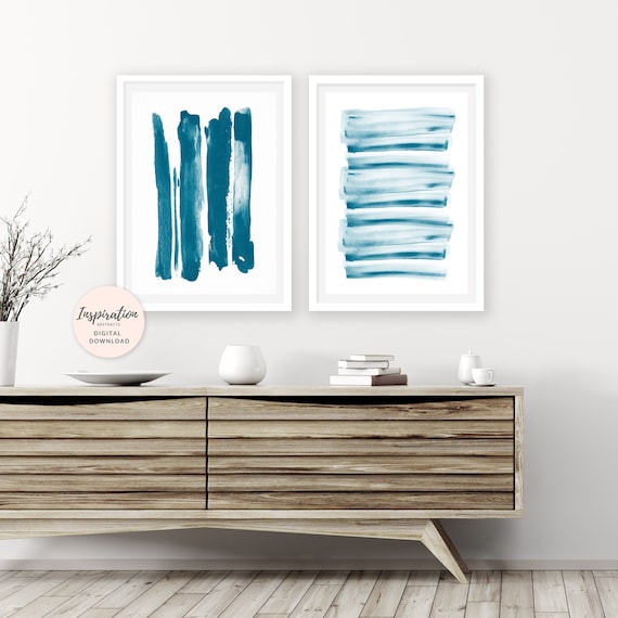 Minimal Wall Art, Set of 2 Prints, Abstract Art, Brush Strokes Prints, 24x36 Art Prints,  Watercolor Prints, Teal Wall Art