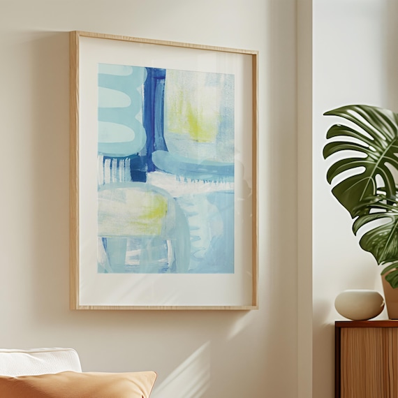 Modern Abstract Painting, Blue Mixed Media Art, Printable Coastal Wall Art, Beach House Decor, Blue Bathroom Print, Large Printable Art