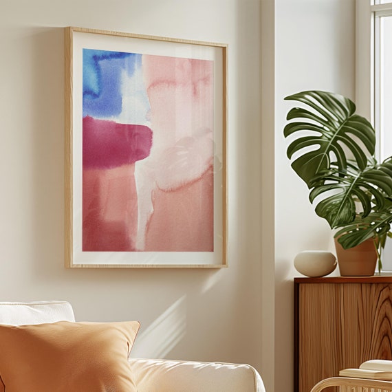 Modern Watercolour Painting, Pink and Blue Abstract Wall Art, Printable Living Room Decor, 24x36 Art Print, Large Vibrant Painting