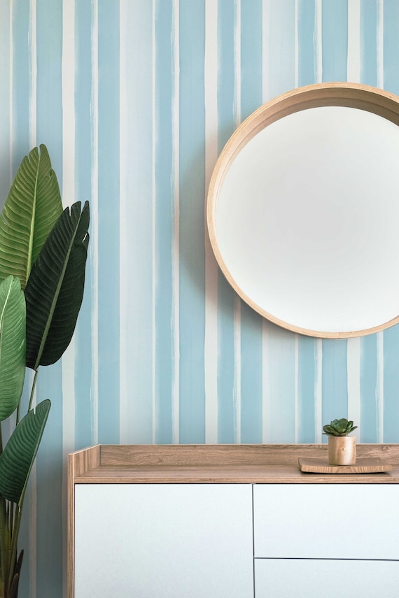 Pale Blue Stripes Wallpaper, Temporary Wallpaper, Coastal Wallpaper, Beach House Decor, Watercolour Stripes, Coastal Decor