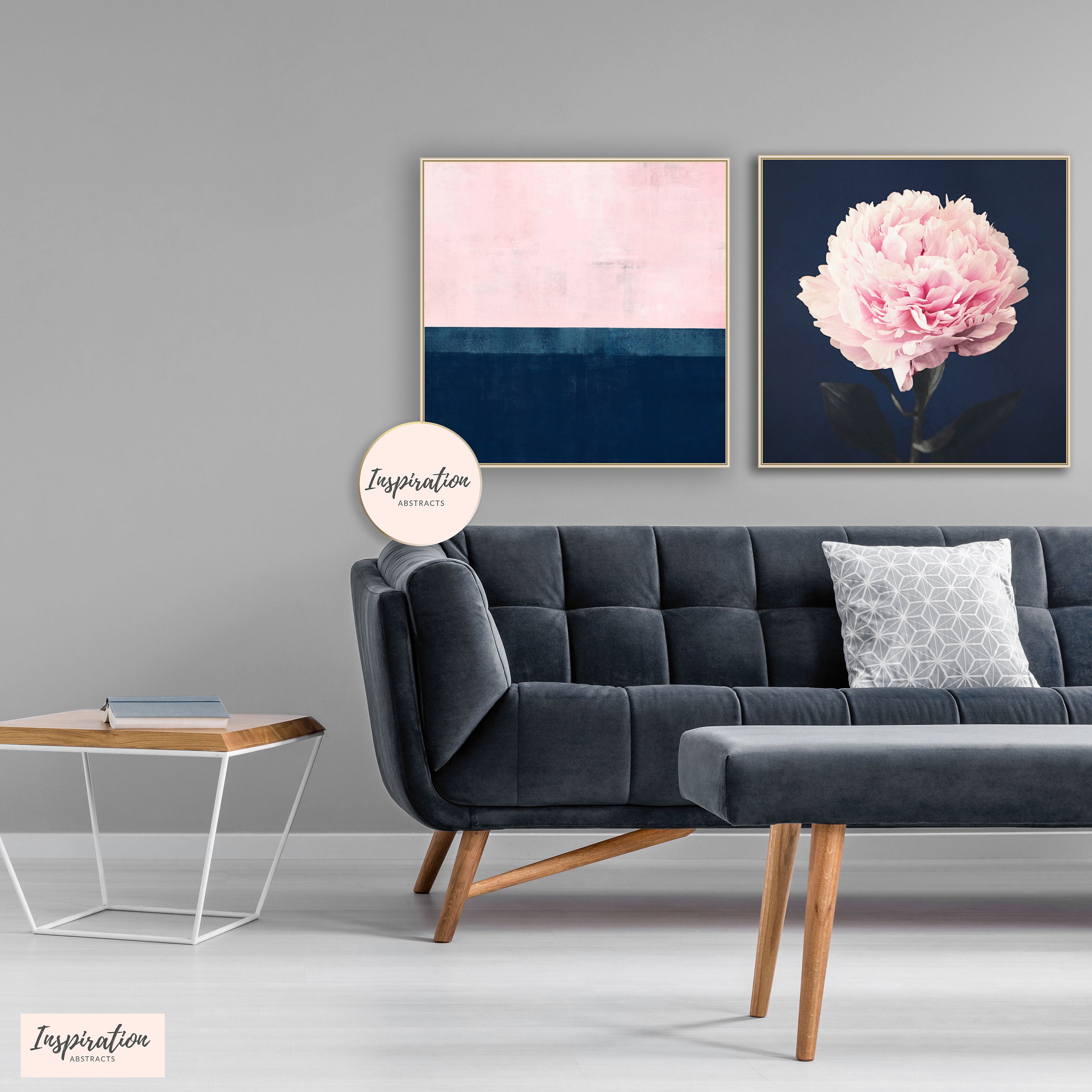Pink and Navy Wall Art Set of Two Prints Wall Art Set Peony Etsy