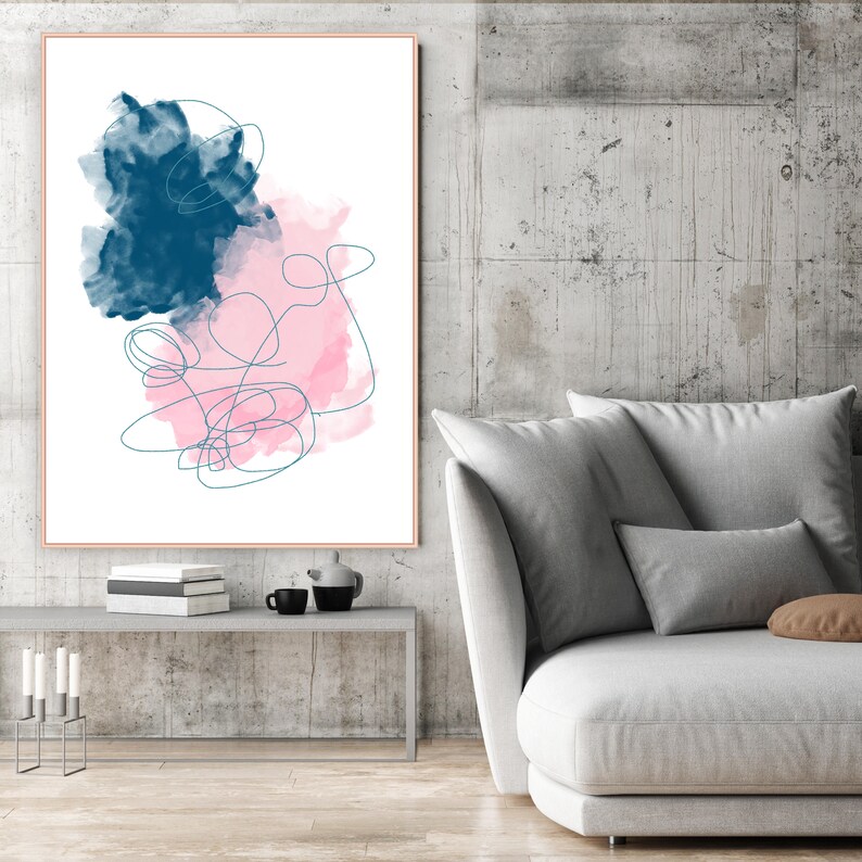Pink and Navy Blue Abstract Art Large Watercolour Abstract Etsy