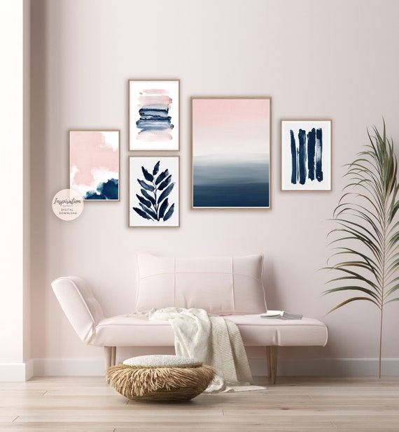 Abstract Gallery Wall Set, Pink Navy Wall Art, 5 Piece Wall Art, Brushstroke Prints, Printable Art, Minimalist Print Set, Bedroom Decor