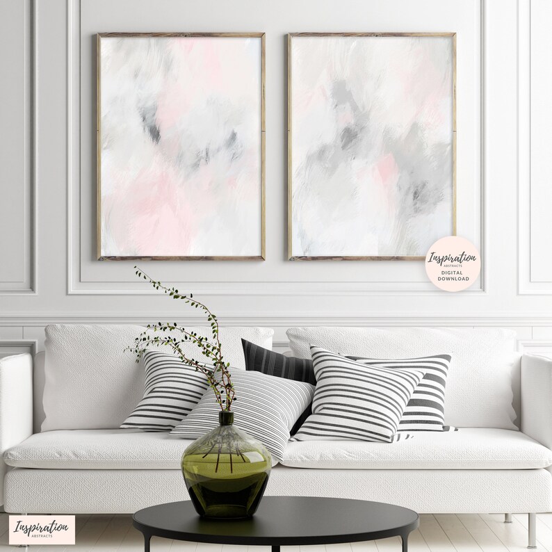 Large Abstract Art Pink Grey Wall Art Set Of 2 Art Prints Etsy