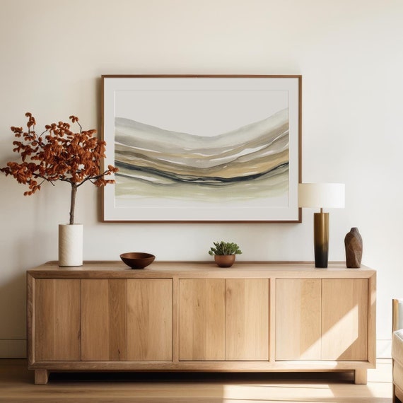 Large Minimal Landscape, Green Beige and Grey Neutral Landscape, Printable Landscape Art, Minimal Modern Wall Art, Calm Watercolour Print