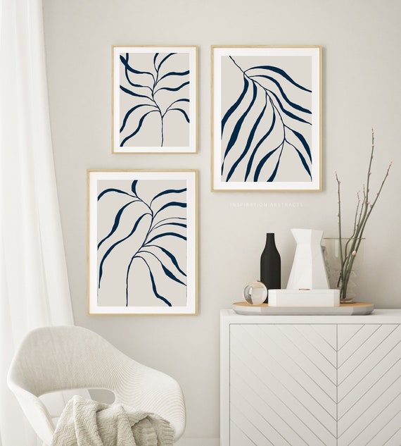Navy Blue Botanical Art Set, Abstract Plant Prints, Bathroom Wall Art Set, Printable Plant Decor, Boho Wall Art Set, Modern plant prints