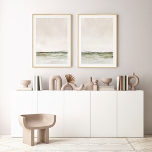 Set Of Two Abstract Landscape Paintings, Neutral Watercolour Paintings, Sage Green Art, Instant Download, Printable Art image 3
