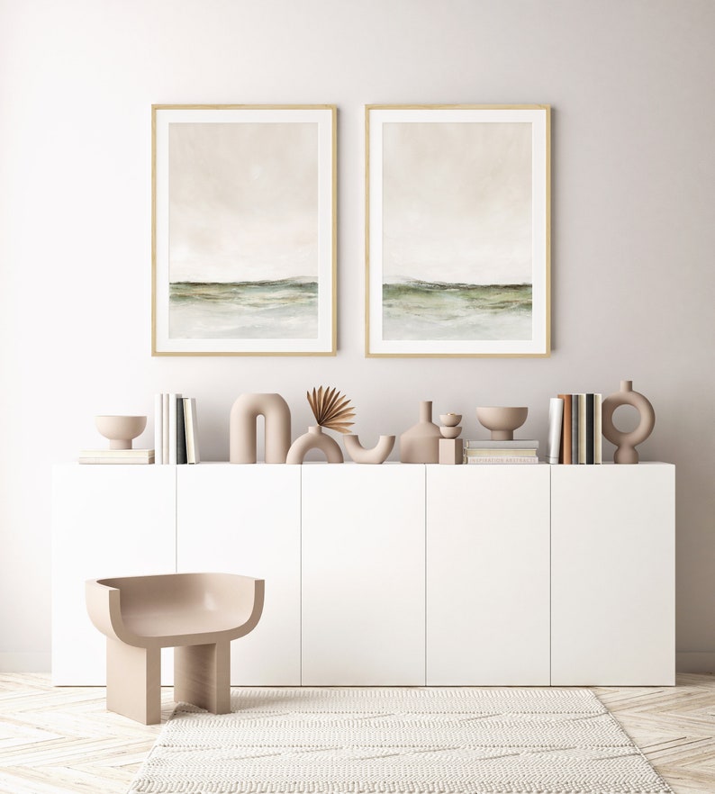 Set Of Two Abstract Landscape Paintings, Neutral Watercolour Paintings, Sage Green Art, Instant Download, Printable Art image 3