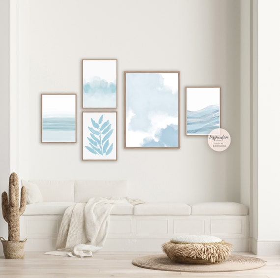 Pale Blue Gallery Wall Set, Minimal Abstract Paintings, 5 Piece Wall Art, Zen Wall Art, Printable Art, Minimalist Art, Watercolour Prints