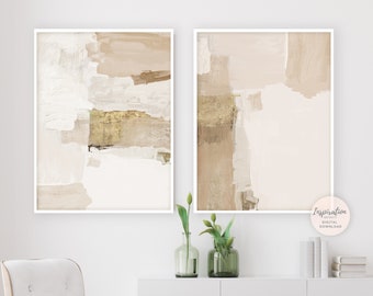 Set Of 2 Modern Abstract Paintings with Beige and Gold Tones, Minimalist Art, Printable Art, Living Room Decor, Zen Wall Art