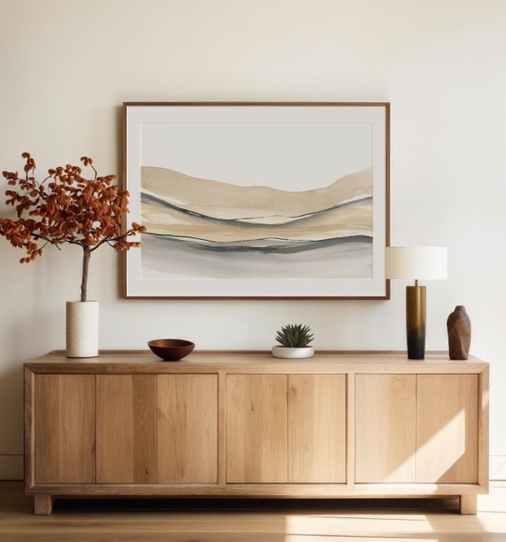 Calm Neutral Landscape, Printable Abstract Landscape, Large Minimal Wall Art, Beige Grey Watercolour Print, Soothing Bedroom Art