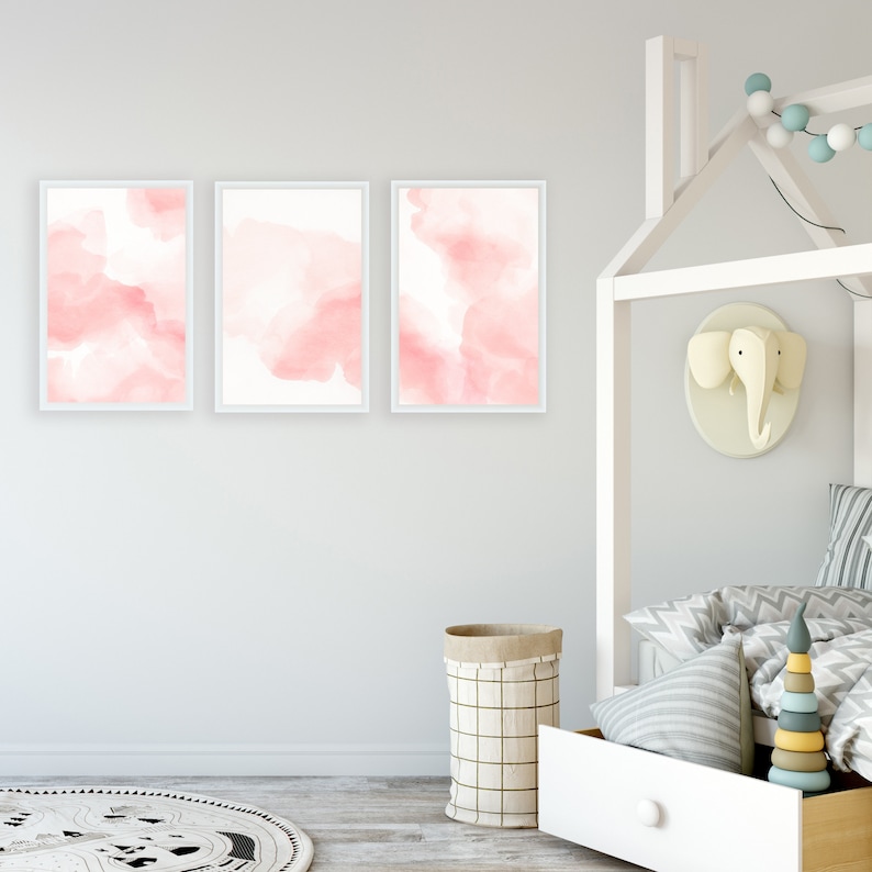Blush Pink Wall Art Set of 3 Prints Watercolor Paintings