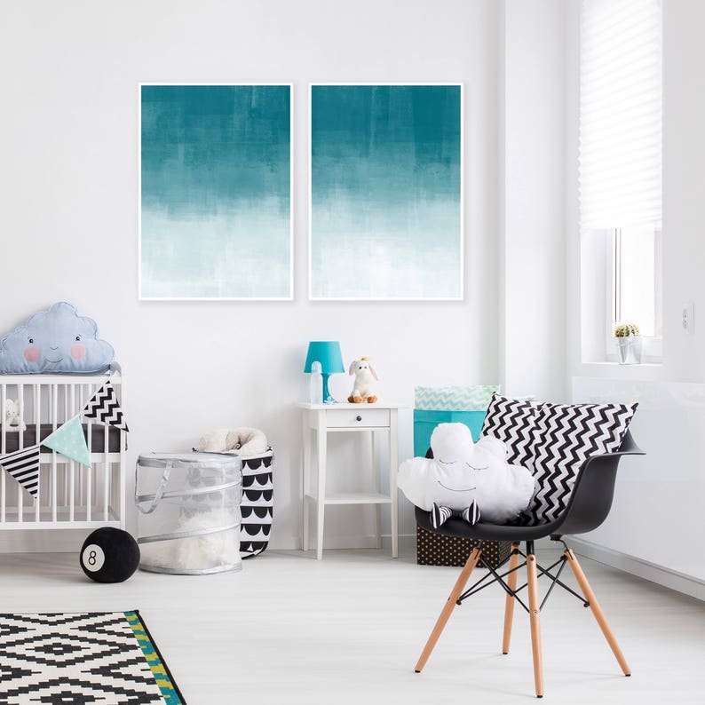 Ombre Abstract Art, Teal and White Abstract Prints, Set Of 2 Minimalist Paintings, 24x36 Feature wall Art, Hygge Scandinavian Art image 2