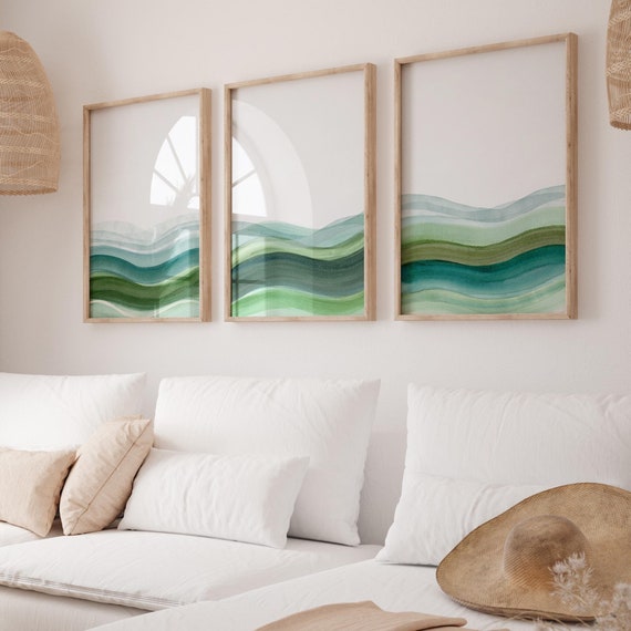 Set Of 3 Green Watercolour Paintings, Modern Gallery Wall Set, Abstract Waves Print, Instant Download Wall Art