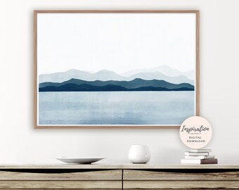 Blue Landscape Painting, Mountain Print, Zen Wall Art, Modern Wall Art, Living Room Art, Large Wall Art, Printable Art, Scandinavian Art