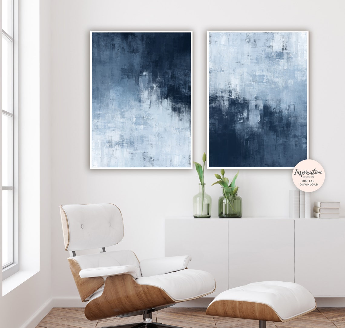 Navy Abstract Art Set of Two Prints Large Wall Art Etsy