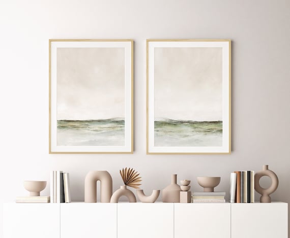 Set Of Two Abstract Landscape Paintings, Neutral Watercolour Paintings, Sage Green Art, Instant Download, Printable Art