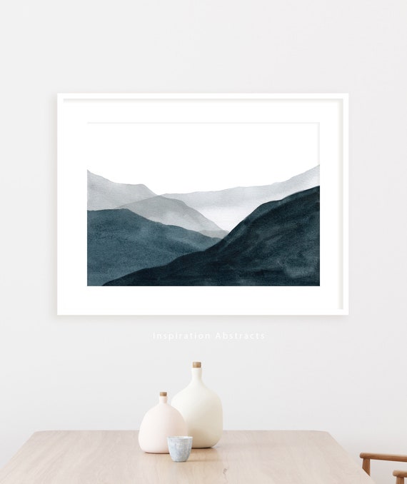Navy Blue Mountain Painting, Minimalist Wall Art, Watercolour Print, Lake House Decor, Abstract Art, Horizontal Wall Art, Printable Art