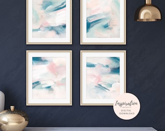 Set of 4 Prints, Abstract Art, Teal Wall Art, Gallery Wall Set, Nursery Decor, Modern Art, Printable Art, Wall Art Set, Calming Wall Art