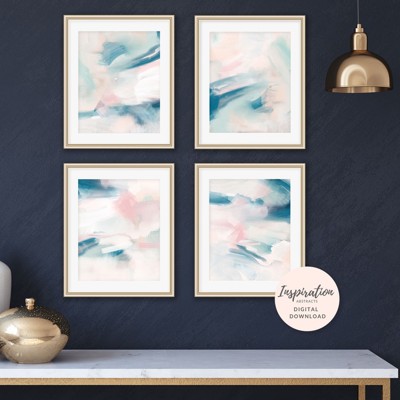 Set of 4 Prints Abstract Art Teal Wall Art Gallery Wall Etsy