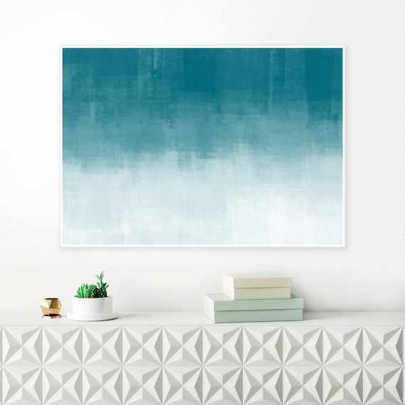 Oversized Teal and White Ombre Art, Minimalist Abstract Print