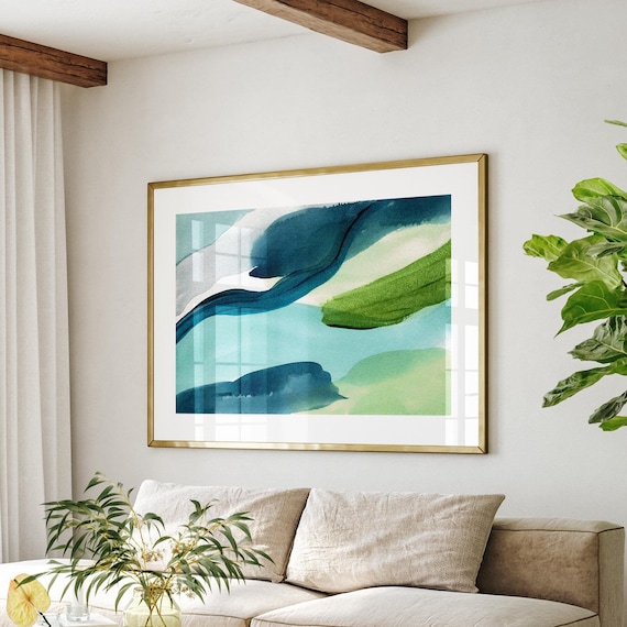 Blue and Green Abstract Watercolour Painting, Printable Coastal Art, Modern Abstract Art, Large Living Room Art For Coastal Interior