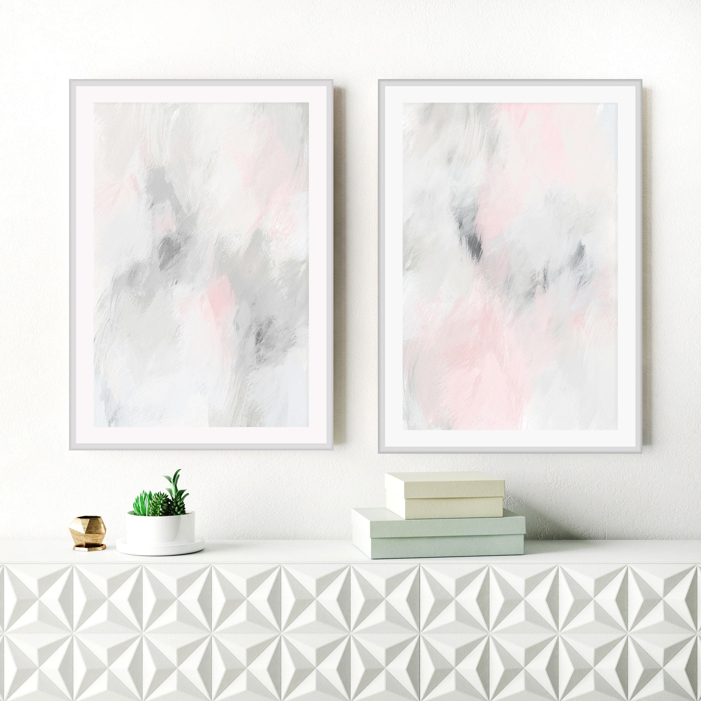 Large Abstract Art Pink Grey Wall Art Set Of 2 Art Prints Etsy