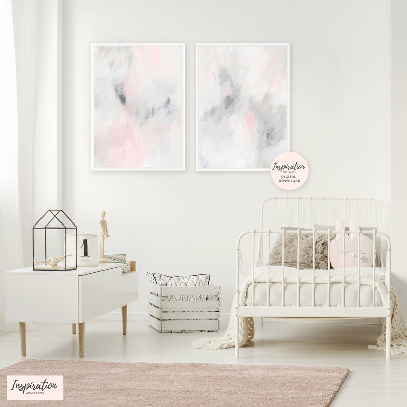 Large Abstract Art Pink Grey Wall Art Set Of 2 Art Prints Etsy