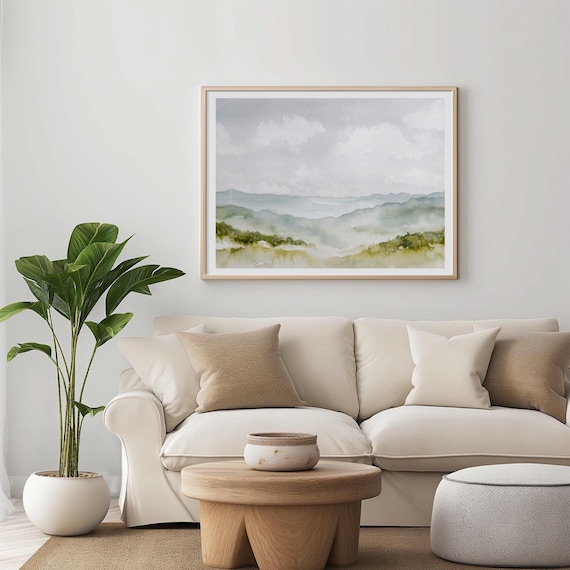 Atmospheric Landscape Painting, Blue Green Wall Art, Printable Abstract Landscape, Modern Country  House Decor, Calm Art Print