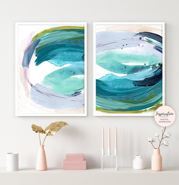 Set of Two Abstract Paintings, Mixed Media Art, Teal Wall Art, Printable Art, 18x24 Art Prints,  Digital Prints, Modern Art