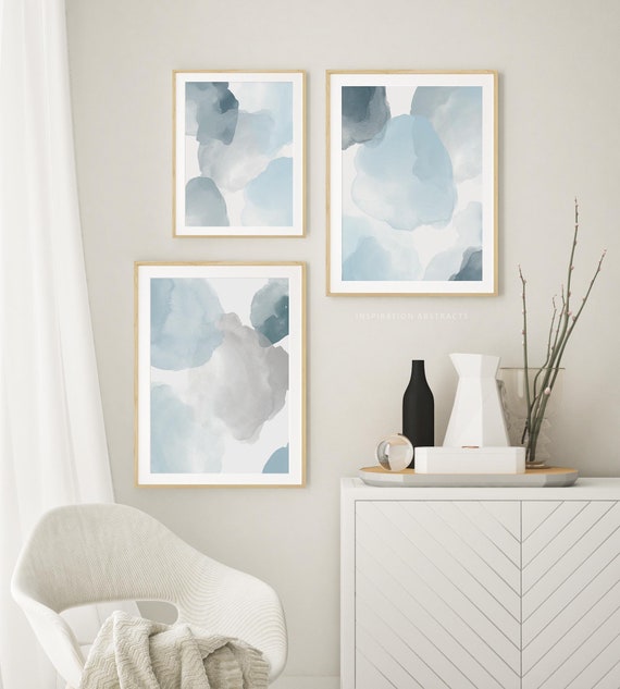Calm Blue Watercolour Paintings, Abstract Gallery Wall Set, Set of 3 Nursery Prints, Large Printable Wall Art, Simple Coastal Decor