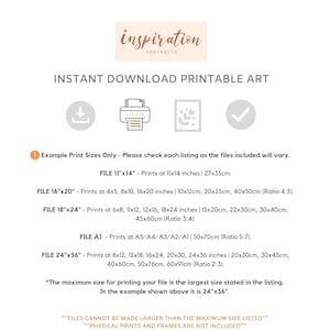 May include: A printable art download guide with examples of different print sizes in inches and centimeters. The text reads "Example Print Sizes Only - Please check each listing as the files included will vary." and "FILES CANNOT BE MADE LARGER THAN THE MAXIMUM SIZE LISTED" and "PHYSICAL PRINTS AND FRAMES ARE NOT INCLUDED".