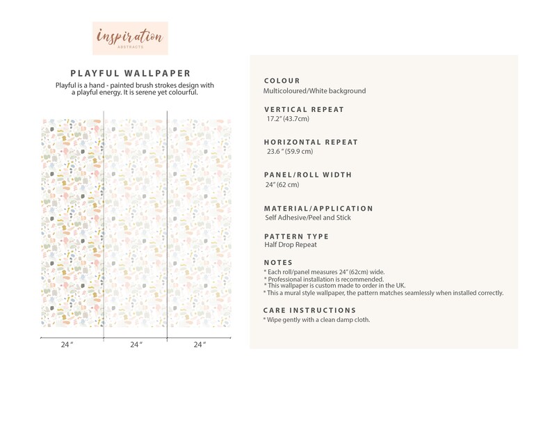 May include: Playful wallpaper with a multi-colored and white background. The pattern is a hand-painted brush stroke design with a half-drop repeat. Each roll measures 24 inches wide.  The wallpaper is self-adhesive and peel and stick.