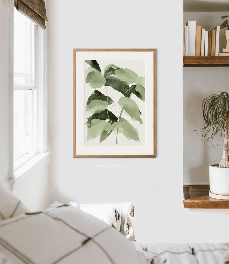 Sage Green Botanical Prints, Set of 3 Watercolour Leaf Paintings, Modern Botanical Prints, Calming Wall Art Set, Printable Zen Wall Art image 3