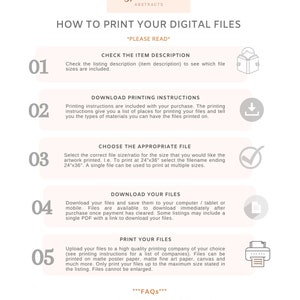 May include: A white and pink infographic with a checklist of five steps on how to print digital files. The steps are: Check the Item Description, Download Printing Instructions, Choose the Appropriate File, Download Your Files, and Print Your Files. Each step has a corresponding icon.