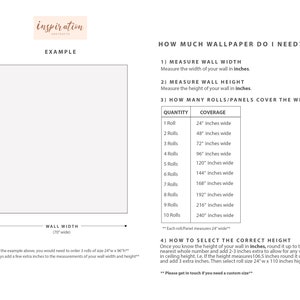 May include: A guide on how to calculate the amount of wallpaper needed for a room. The guide includes instructions on measuring wall width and height, and a table showing the coverage of different quantities of wallpaper rolls. The example shows a wall that is 92 inches high and 70 inches wide.