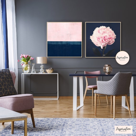 Pink and Navy Wall Art Set of Two Prints Large Abstract Etsy