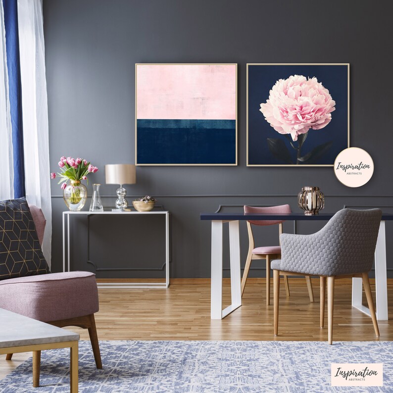 Pink and Navy Wall Art Set of Two Prints Wall Art Set Peony Etsy