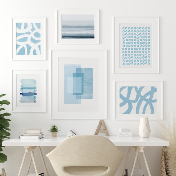Coastal Gallery Wall Art, Printable Abstract Art, Pale Blue Wall Art, Set of 6 Prints, Minimalist Beach House Print Set, Calming Paintings