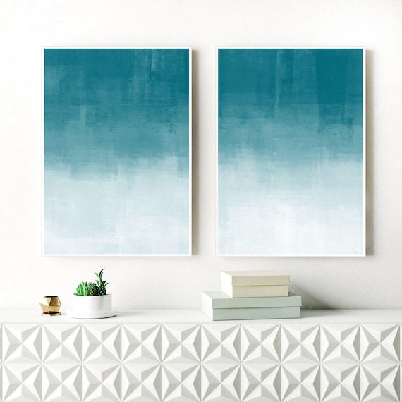 Teal and White Ombre Art Prints, Set Of 2 Minimalist Abstract Paintings