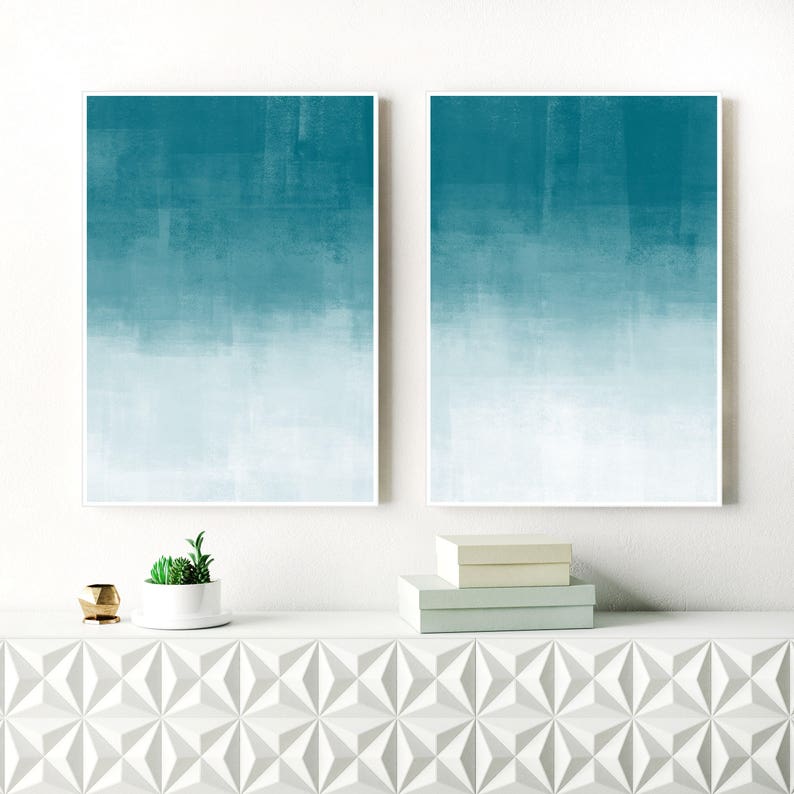 Ombre Abstract Art, Teal and White Abstract Prints, Set Of 2 Minimalist Paintings, 24x36 Feature wall Art, Hygge Scandinavian Art image 1