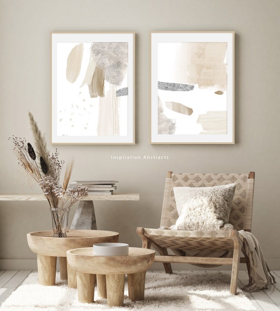 Set Of Two Minimal Abstract Paintings, Neutral Tone Prints, Minimalist Print Set, Printable Wall Art, Large Wall Art