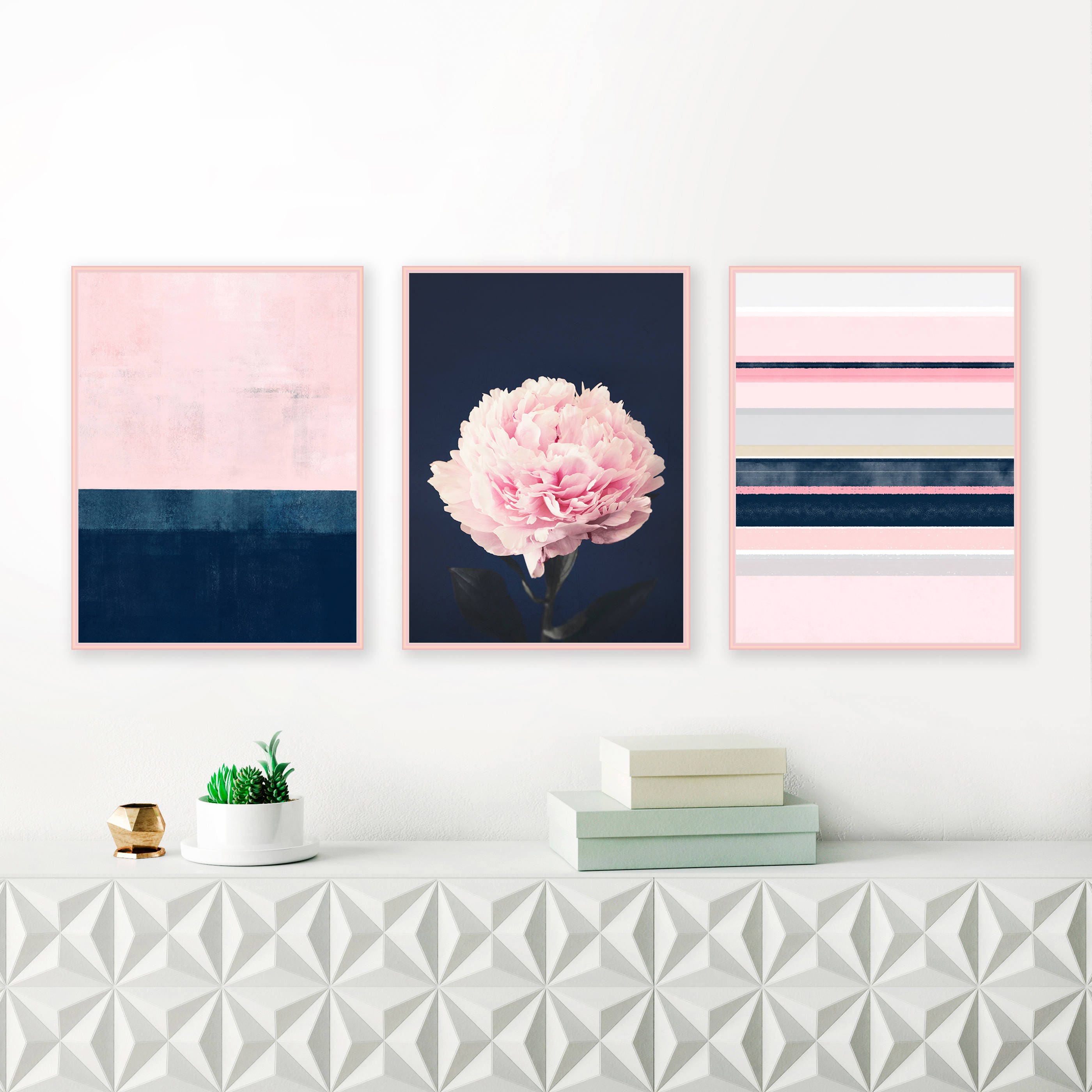 Pink and navy gallery wall art set of 3 prints modern prints abstract art peony print bedroom decor living room art wall