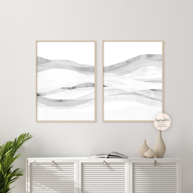 Modern Zen Wall Art Set of 2 White Grey Minimal Abstract Etsy