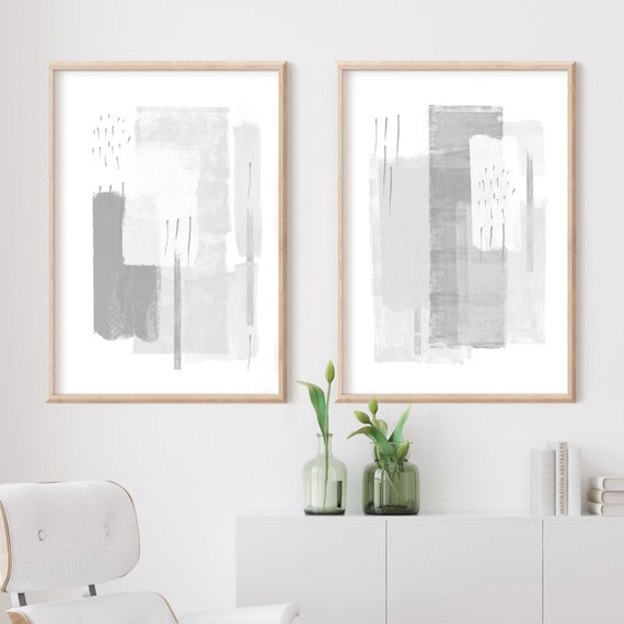Large Minimal Art Grey White Wall Art Abstract Art Set of Two