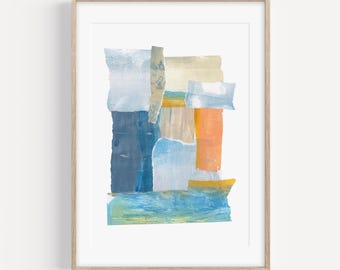 Arte mural costero moderno, collage de papel contemporáneo, decoración abstracta para casa de playa, impresión giclée sobre papel mate, arte mural de gran formato para galería.